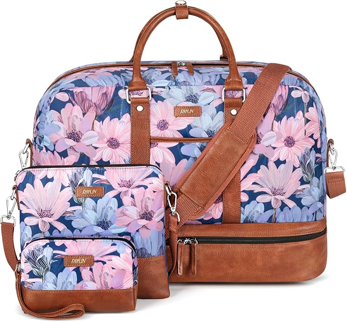 Weekender Bag for Women, Large Overnight Bag Canvas Travel Duffel Bag Carry On Tote with Shoe Compartment 21" 3Pcs Set