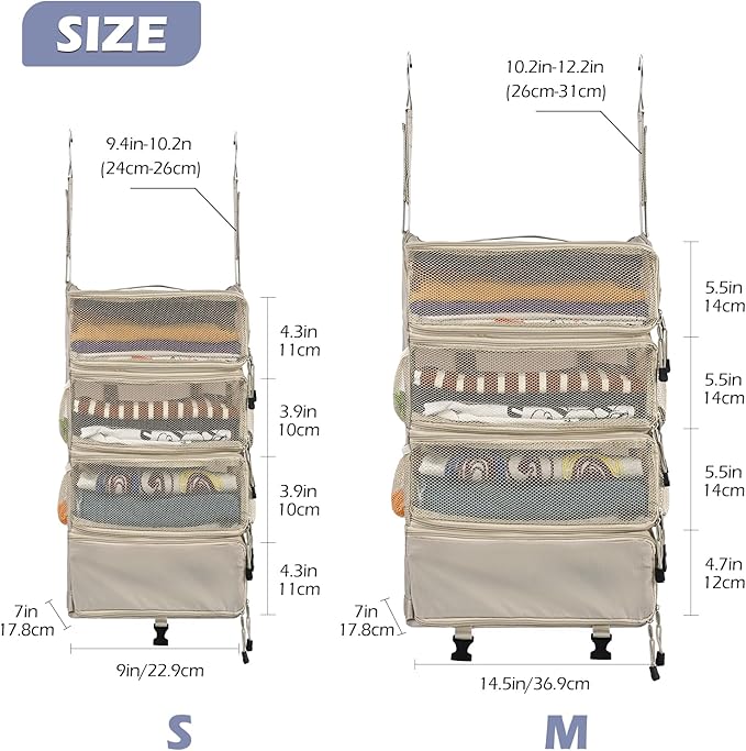 Surblue Travel Hanging Luggage Organizer Portable Suitcase Closet Organizer Multiple Compartments Collapsible Compression Packing Cubes Shelf, Beige, M