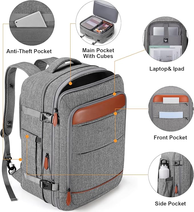 Bagsure Travel Backpack Carry On Backpack 42L Flight Approved, Expandable Laptop Backpack with Packing Cubes & Shoe Pocket, Water Resistant Luggage Backpack for Men Women, Large Backpack 20 * 14 * 7"