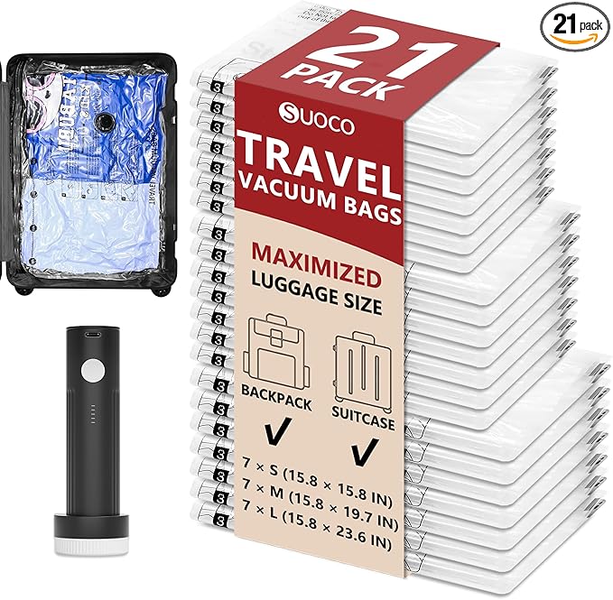 Travel Vacuum Bags for Clothing with Rechargeable Electric Pump, Compression Packing Cubes Organizer Storage for Luggage Suitcase, Space Saver Seal Bags for Vacation Cruise, 21 Combo