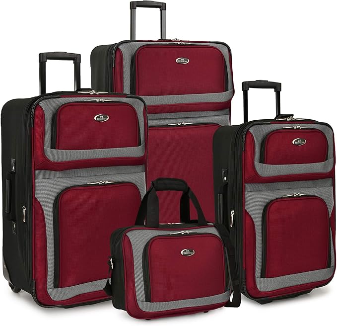 U.S. Traveler New Yorker Lightweight Expandable Rolling Luggage, Red/Gray, 4-Piece Set