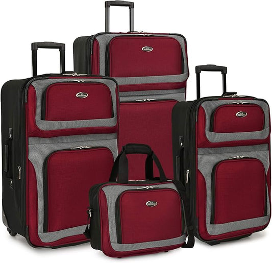 U.S. Traveler New Yorker Lightweight Expandable Rolling Luggage, Red/Gray, 4-Piece Set