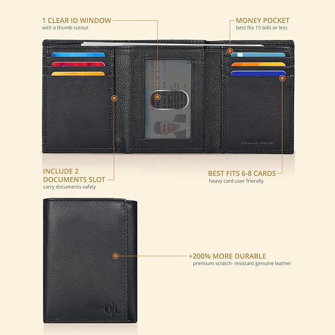 Real Leather Mens Trifold Wallet RFID Blocking Slim Minimalist Front Pocket - Thin & Stylish with ID Window in Gift Box