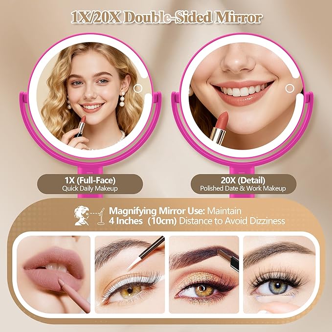 MOMOKUBA Makeup Mirror with Lights, Double Sided 1x/20x Magnifying Mirror with Light, Rechargeable 3 Color Lights and Adjustable Brightness, 360° Rotation Detachable Comes with Tweezer(Hotpink)
