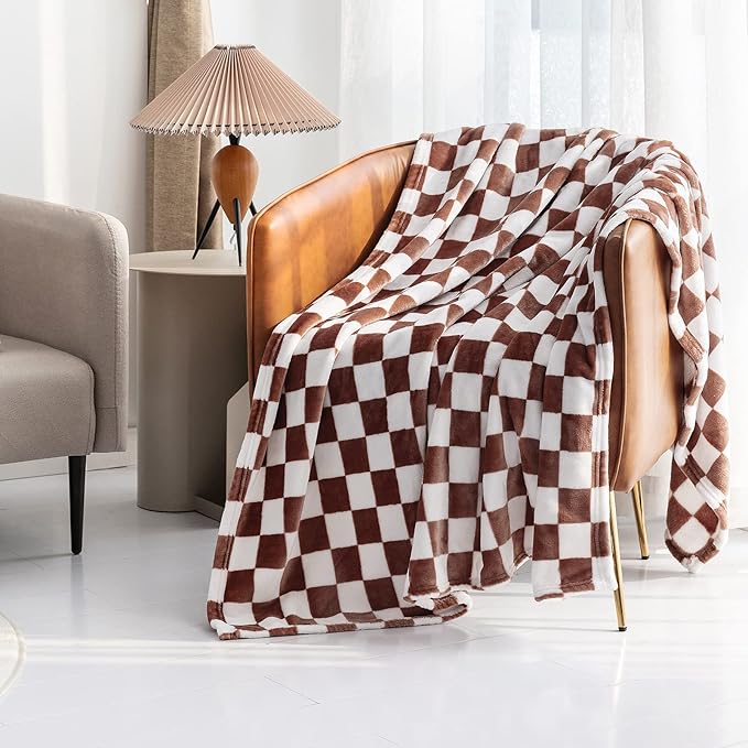 LOMAO Throw Blankets Flannel Blanket with Checkerboard Grid Pattern Soft Throw Blanket for Couch, Bed, Sofa Luxurious Warm and Cozy for All Seasons (Coffee, 60"x80")