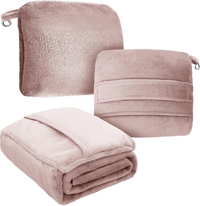 DEZ FURNISHINGS 4-in-1 Travel Compact Blanket Pillow Super Soft Velvet with Luggage Sleeve and Backpack Clip, Dusty Pink, 60" x 45"