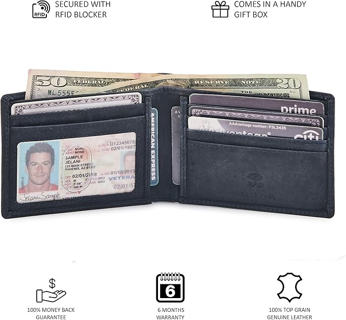 Real Leather Mens Bifold Wallet RFID Blocking Slim Minimalist Front Pocket - Thin & Stylish with ID Window in Gift Box (Crazy Horse, Navy)