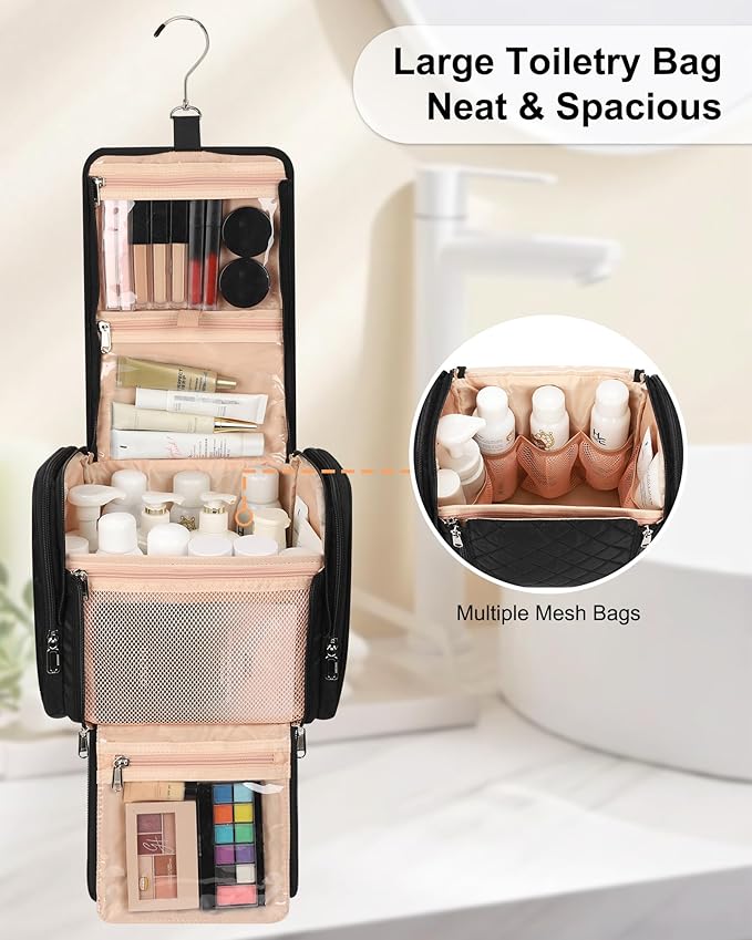 Hanging Toiletry Bag for Women, Travel Toiletry Bag Standing Toiletry Organizer with Hook Large Makeup Cosmetic Bag Portable Hanging Toiletry Organizer Bags for Full-Size Toiletries, Accessories