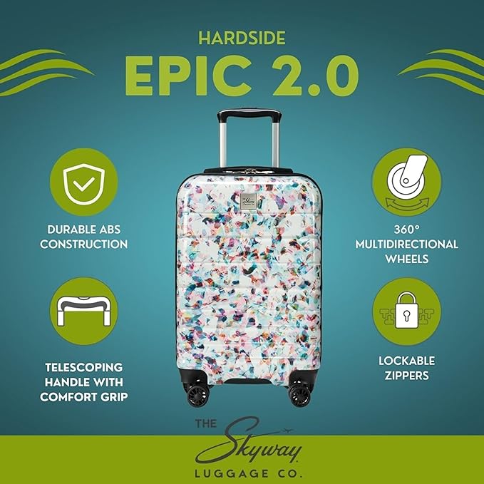 Skyway Epic 2.0 Hardside Lightweight and Durable ABS Shell Luggage, Spacious with 8-Wheel Spinners, Comfort Grip with Telescoping Handle, Men and Women, Confetti, 2-Piece Set (20,24)