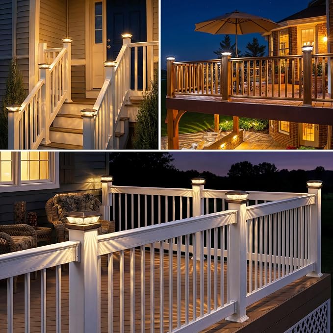 4x4 Solar Post Cap Lights Outdoor 8 Pack, Waterproof Solar Fence Light for Wooden/Vinyl Post, 2 Color Outside Deck Patio Porch Decor, Brown