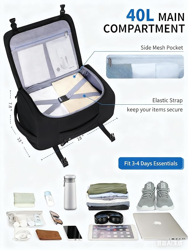ECOHUB 40L Carry-On Travel Backpack, TSA-Friendly, Anti-Theft Water-Resistant Lightweight with 17.3″ Laptop Compartment, Durable PFAS-Free Rucksack, Black