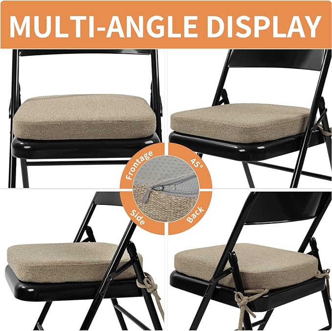 SINOSSO Memory Foam Chair Cushion for Folding Chair 1 Pcs, Thickened 2" Square Kitchen Chair Pad with Ties, Indoor Non-Slip Dining Chair Seat Cushion (1 Pcs, Linen)