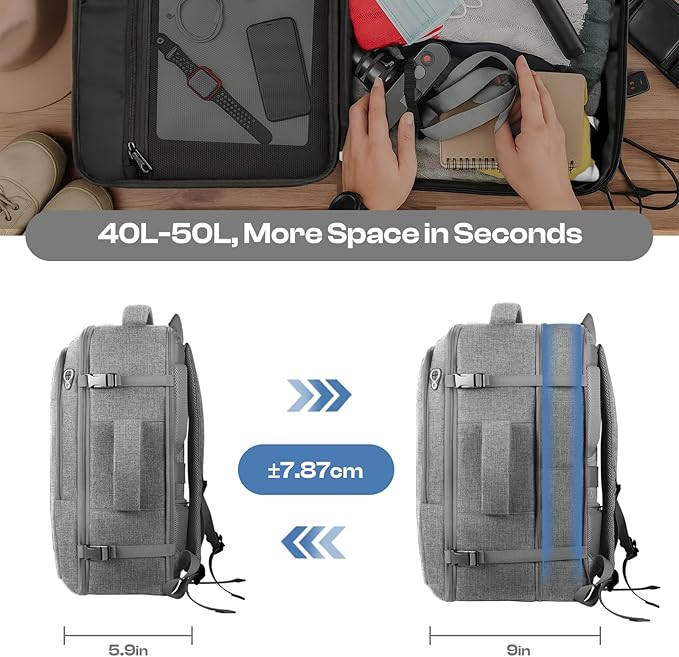 Travel Laptop Backpack, Extra Large 40L-50L Backpack, Laptop Backpack for Men, Water Resistant TSA Airline Approved Business Work 17.3 Computer Bag, Grey