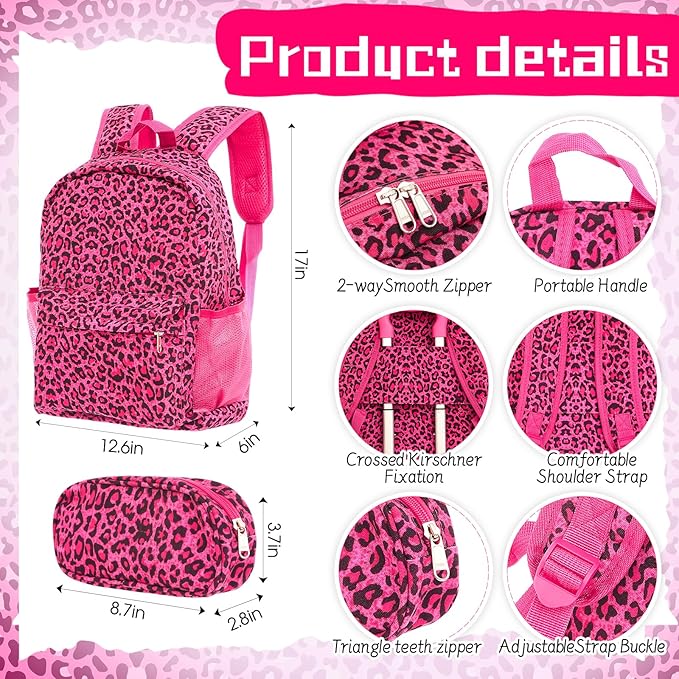 Redbaker 17 Inch 6 Pcs Kids Luggage Set Kids Rolling Luggage Double Pattern Suitcase for Boys Girls (Hot Pink, Leopard Print Style)