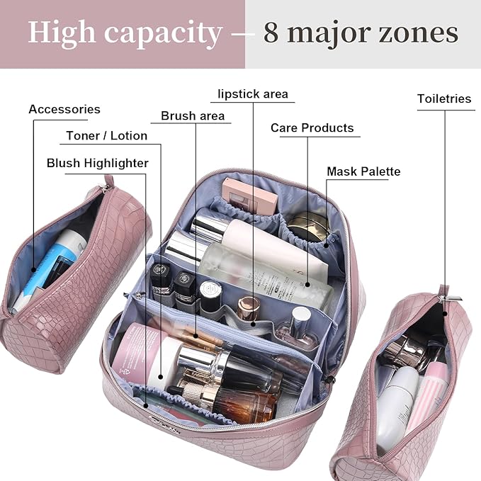 BOYATU Travel Makeup Bag Cosmetic Bags for Women: 3 Pcs Set Large Capacity Make up Bag with Handle - Crocodile Pattern Vegan Leather Toiletry Bags Travel Essentials with Compartments((E-4-Pink)