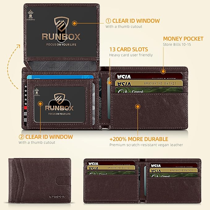 RUNBOX Wallet for Men Slim Rfid Leather 2 ID Window With Gift Box | Slim, Rfid, 2 ID Window, With Gift Box, Slim, Rfid