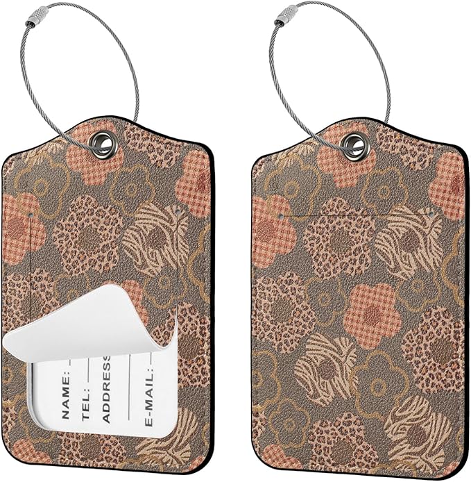 Seorsok 2 PCS Luggage Travel Tags for Suitcases,Cute Brown Leopard PU Leather Name Tag with Privacy Cover&ID Label Address Card and Durable Metal Ring Suitable for Men Women Handbags Backpack,Floral