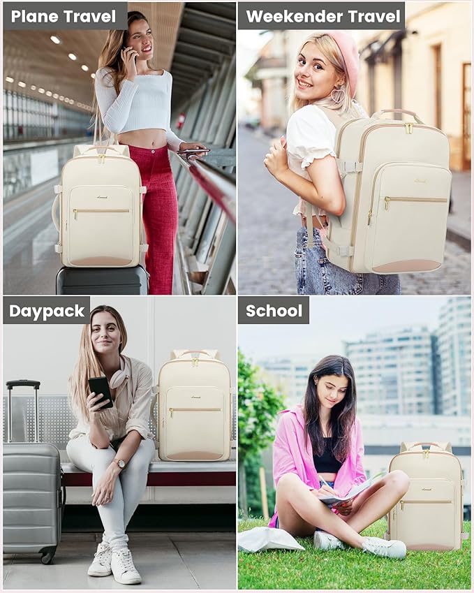 LOVEVOOK Travel Backpack for Women & Men 40L,Airline Approved Carry On Backpack Travel Essential,TSA Carry on Luggage,Waterproof Personal Item Travel Bag,Suitcase with 3 Packing Cube,Beige-Flesh beige