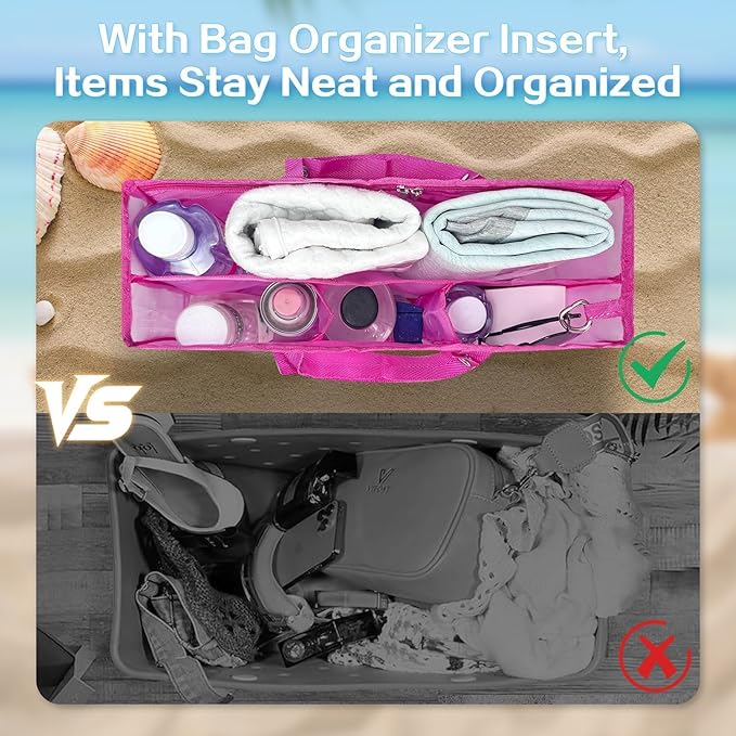 XYFuuee Beach Bag Organizer Inserts for Baby Medium Bogg Bag Accessories with 8 Removable Metal Fasteners, Lightweight Mesh Insert Divider Pouch, Organizing Rubber Tote, Save Storage Space, Hot Pink M