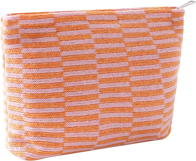 Cosmetic Bags for Women - Corduroy Cosmetic Bag Aesthetic Women Handbags Purses Smile Dots Makeup Organizer Storage Makeup Bag Girls Case Bags (Q-Checkered Orange pink)