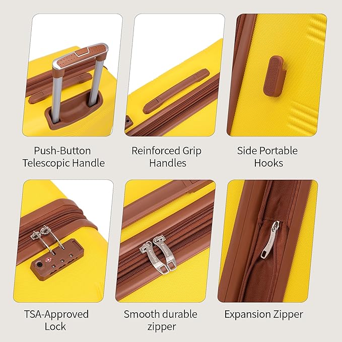 Expandable Luggage Sets 5 Piece, Hard Case Suitcase Set with Spinner Wheels,22x14x9 Airline Approved Carry on,Lightweight Durable Suitcase with TSA Lock (Yellow)