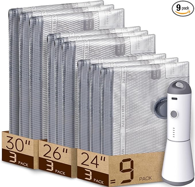 Vacuum Bags for Travel with Rechargeable air Pump, Carry-on Size Compression Packing Bags for Luggage and Suitcase, Space Saver for Clothes and Clothing 9 Combo Travel Size