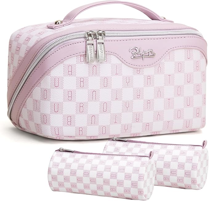 BOYATU Travel Makeup Bag Organizer Cosmetic Bag: 3 Pcs Set Make up Bags for Women with Handle - Waterproof Vegan Leather Toiletry Bags Travel Essentials Pouch with Compartments (H-05-Pink)
