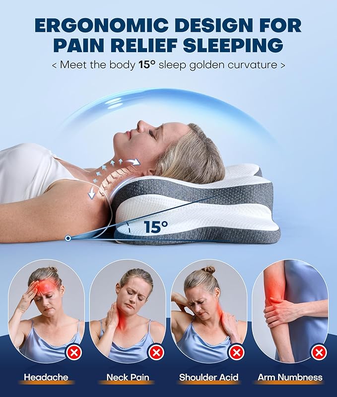 5X Pain Relief Cervical Neck Pillow for Neck Support, Ergonomic Cooling Side Sleeper Pillow for Sleeping, Odorless Contour Memory Foam Pillows, Orthopedic Bed Pillow for Side Back Stomach Sleeper