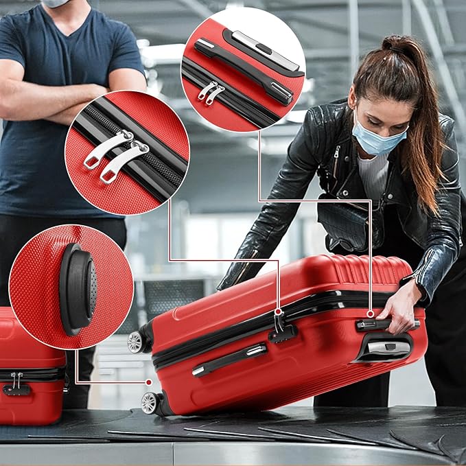 Karl home Luggage Set of 3 Hardside Carry on Suitcase Sets with Spinner Wheels & TSA lock, Portable Lightweight ABS Luggages for Travel, Business - Red (20/24/28)