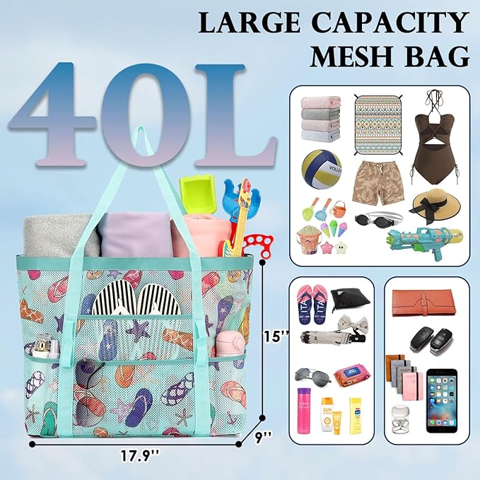 Fammart Mesh Beach Bag, Large Beach Tote with Zipper Pocket, Toys Pool Bag for Family Travel Vacation Cruise Essentials