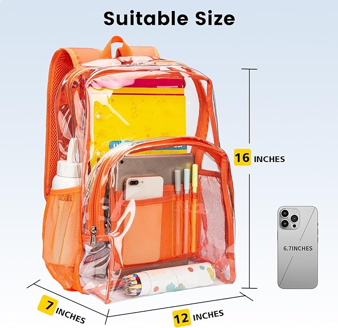 Vorspack Clear Backpack Heavy Duty PVC Transparent Backpack with Reinforced Strap Stitches & Large Capacity for College Workplace Security - Orange