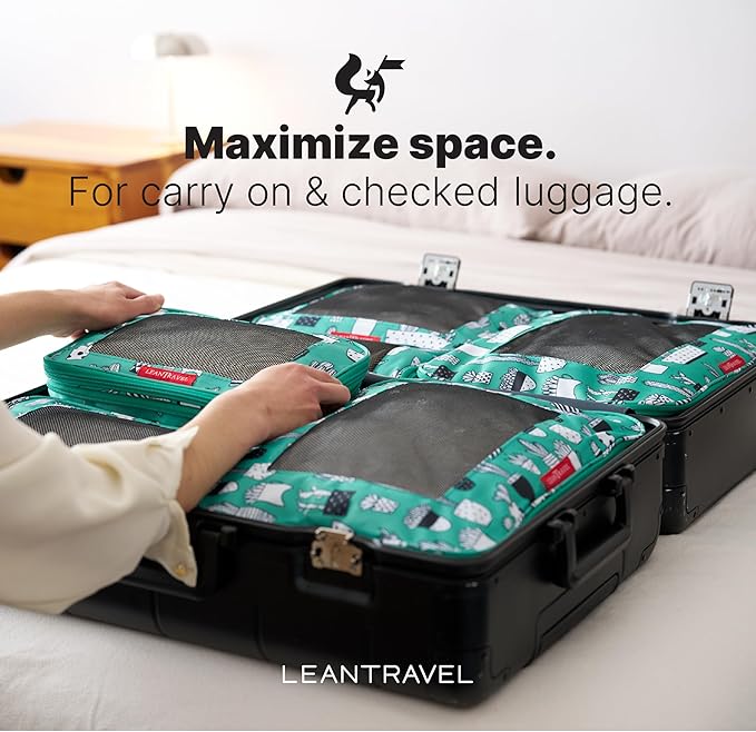 LeanTravel Premium Compression Packing Cubes for Travel - Suitcase Organizer Bags with Double Zipper & Breathable Mesh Panel - Space Saving Carry On Luggage Essentials (6-Pack, Green Cactus)