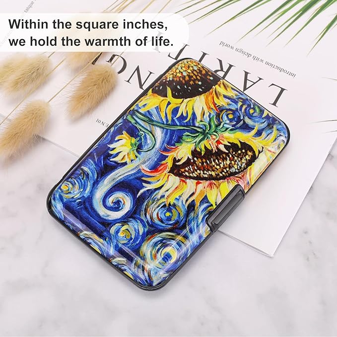 ELFISH Mini RFID Aluminum Wallet Credit Cards Holder Business Card Case Metal ID Case for Men Women (Sun flower)