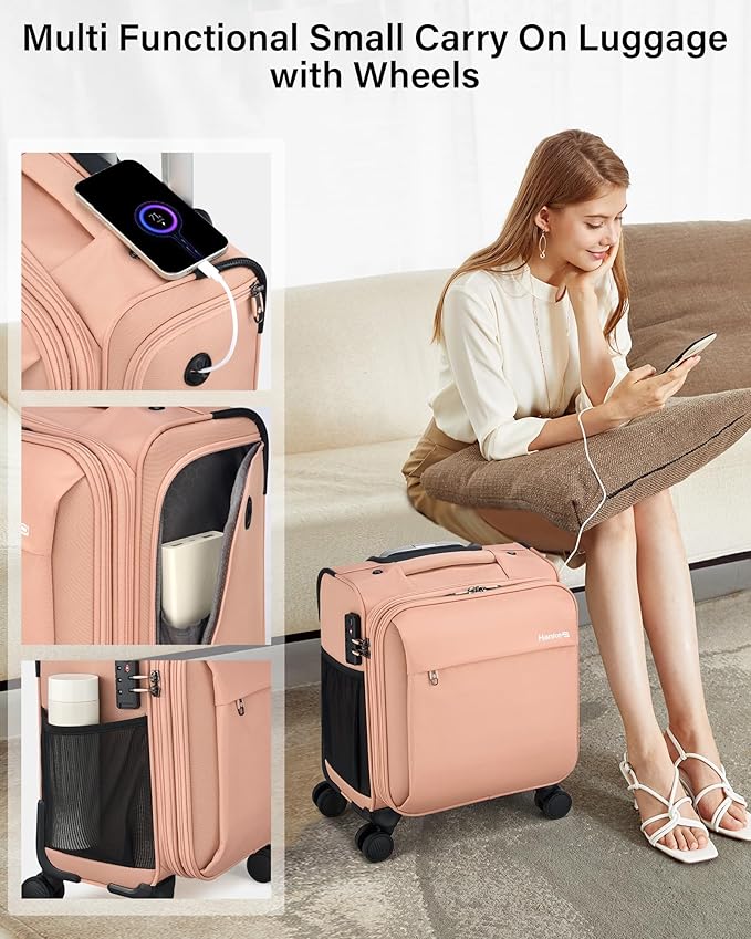 Hanke 16 Inch Underseat Carry On Luggage with Wheels Small Suitcase Softside Luggage Bags for Travel Lightweight Suitcases with Wheels Travel Luggage Personal Item for Men and Women(Pink)