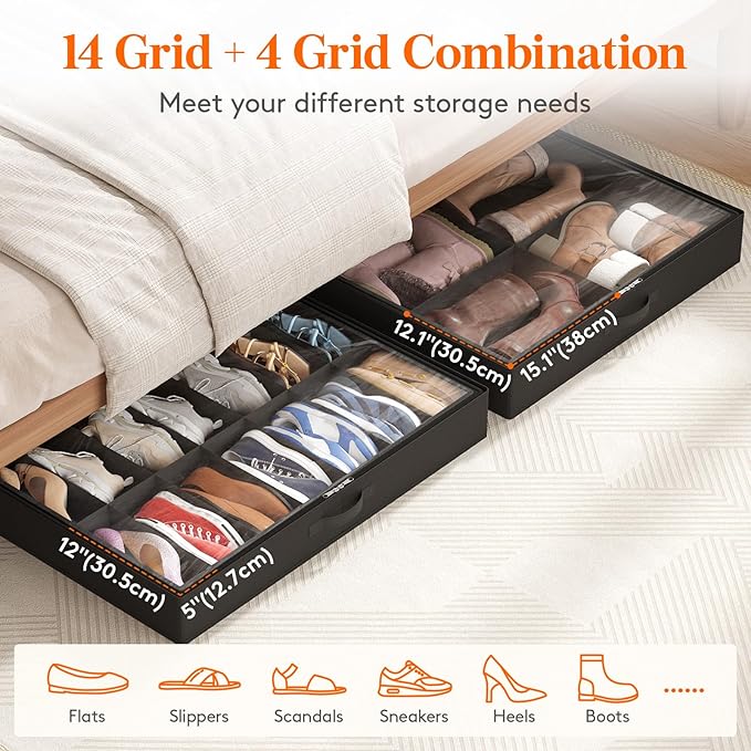 Lifewit Under Bed Shoe Storage Organizer 2 Pack(14 Pairs+4 Pairs), 4.3" Tall Fabric Shoes Container Box, Foldable Closet Shoe Bag with 2 Reinforced Handles and Clear Cover, Black