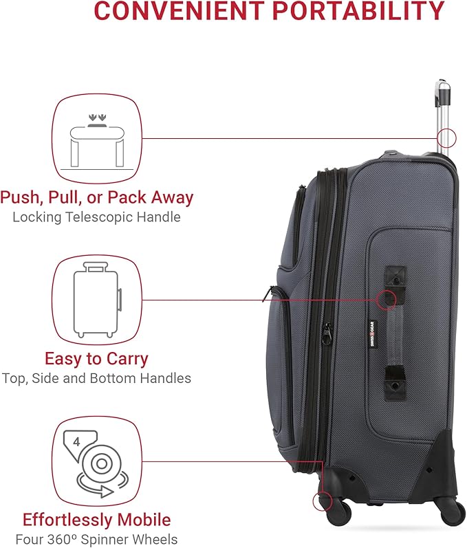 SWISSGEAR Sion Softside Expandable Spinner Luggage Durable Lightweight Travel Suitcase, Dark Grey, Checked-Medium 25-Inch