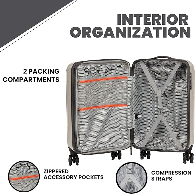 Spyder Rails Expandable Hardside Upright Suitcase with 360° Spinner Wheels, TSA Approved Lock (Oatmeal, Large Checked)