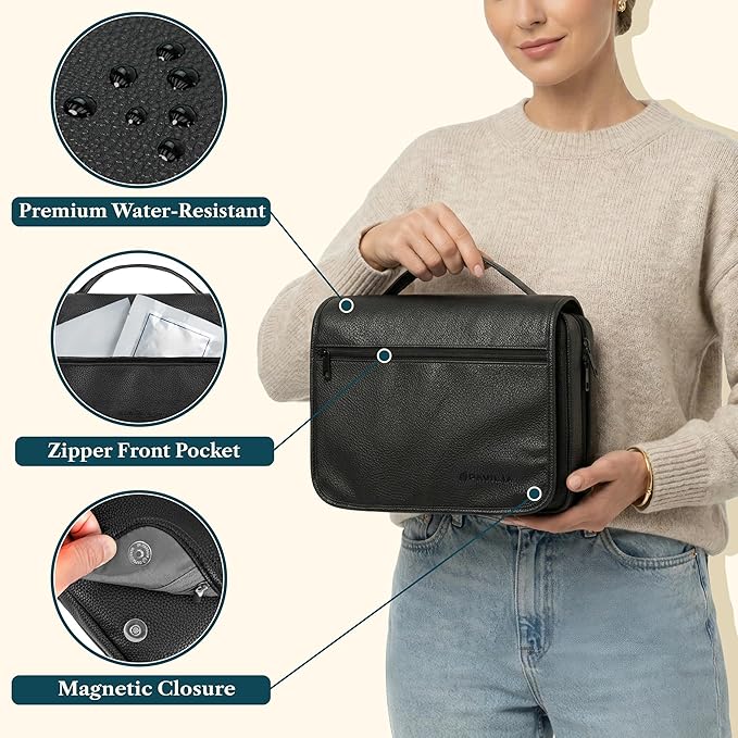 PAVILIA Hanging Toiletry Bag Women Men, Foldable Cosmetic Organizer Travel Bag, Water Resistant Makeup Bag Toiletries, Large Travel Essentials Kit (Black)