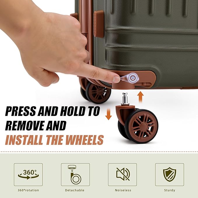 KUNEL Expandable 5 Piece Luggage Sets with Detachable Spinner Wheels and TSA Lock, Unisex Hardside ABS Suitcase Set, Hardshell Lightweight Waterproof Travel Hard Case Suitcases with Wheels, OliveDrab
