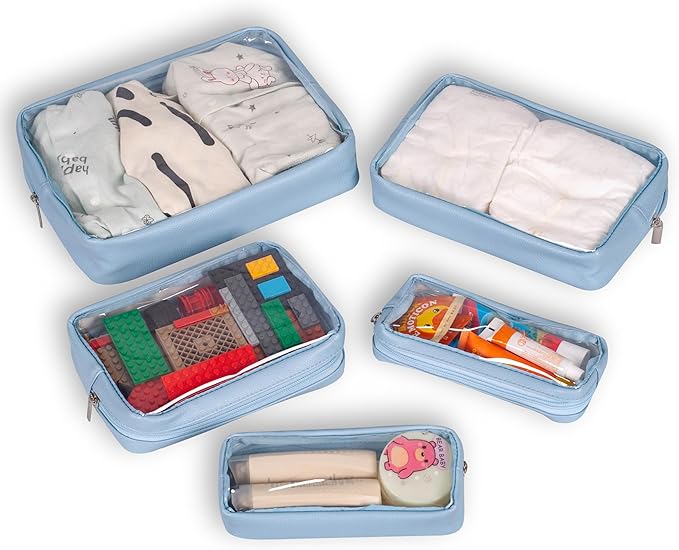 TSA Approved 5-Piece Diaper Bag Organizer Pouch Set Clear Waterproof TPU Kids Toiletry Storage Set Travel Packing Clutch Cube Bags for Baby Nursing (Blue)