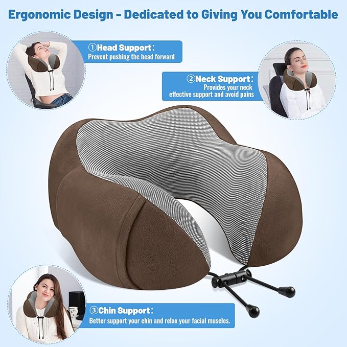CloudBliss Travel Pillow Premium Memory Foam, Comfortable & Supportive Neck Pillow, Sleeping Neck Pillows for Travel, Airplane Pillow for Sleeping Airplane, Car, Office and Home（Brown）