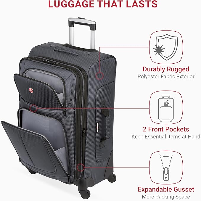 SWISSGEAR Sion Softside Expandable Spinner Luggage Durable Lightweight Travel Suitcase, Dark Grey, Checked-Medium 25-Inch