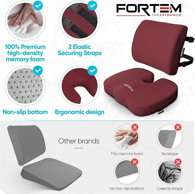 FORTEM Seat Cushion, Office Chair Cushion, Lumbar Support Pillow for Office Chair, Memory Foam Sciatica Coccyx Tailbone Pressure Pain Relief, Car Sitting Pad, Washable Non Slip, XL