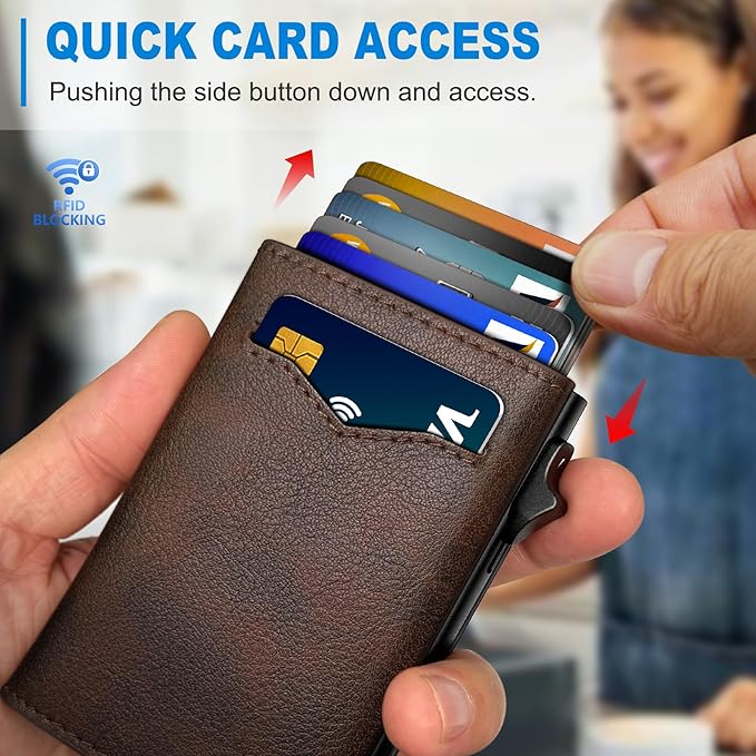 miyozi Wallet for Men,with Cash Pocket 2 ID Window 9-13 Cards,Metal Case Smart Slim Pop Up Credit Card Holder Flip with Magnetic Closure RFID Blocking Trifold wallet with Gift Box