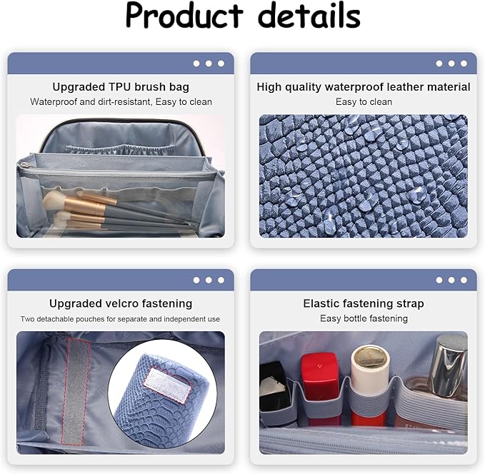 BOYATU Travel Makeup Bags for Women: 3 Pcs Set Wide Open Cosmetic Bag - Portable Make up Bags with Handle - Vegan Leather Toiletry Organizer Bag with Divider (G-05-Blue)