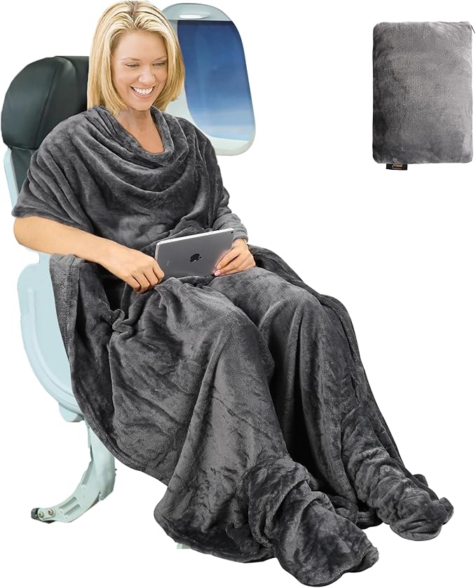 Tirrinia Travel Portable Blanket with Feet Pocket Airplane Office Poncho 4 in 1 Zippered Front Pocket Premium Cozy Fleece Blankets with Built-in Bag