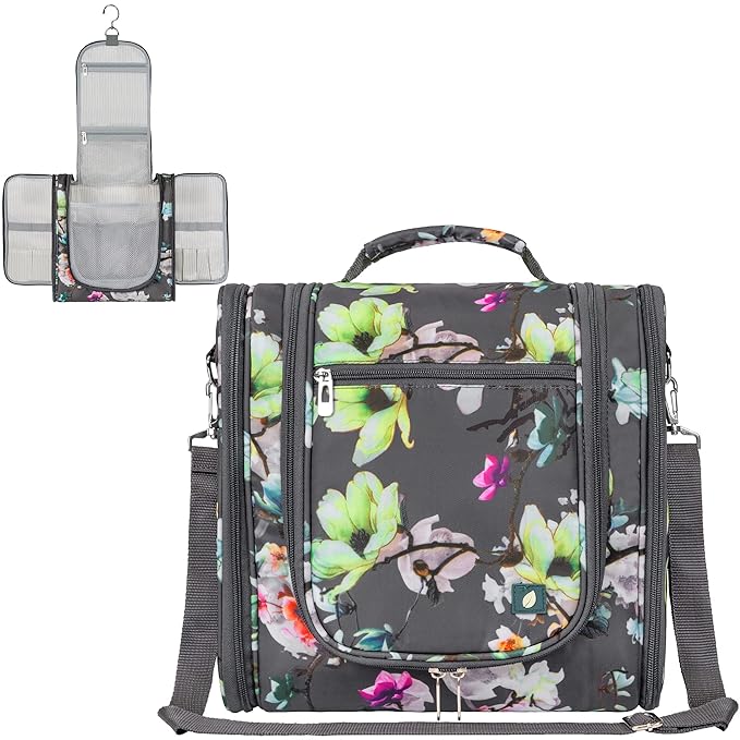 PAVILIA Extra Large Toiletry Bag Travel Bag for Women Men, Hanging Cosmetic Organizer, Water Resistant Makeup Bag for Accessories Toiletries, Travel Essentials Kit (Floral Grey)