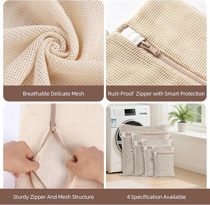 100% Cotton Mesh Laundry Bags, Premium Soft, No Dye, Set of 4, Natural