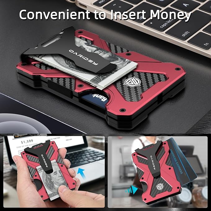 Oaridey Minimalist Wallet for Men- Slim Aluminum Metal Money Clip Wallet with Clear ID Card Holder, Carbon Fiber Wallet, RFID Blocking,Holds up 15 Cards with Cash Clip,Ultra-Thin Tactical Wallet- Red