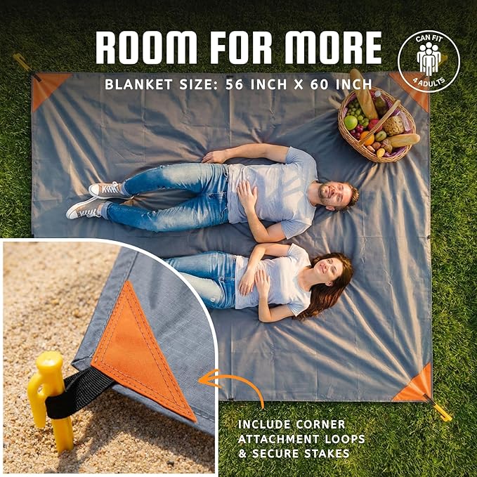 Pocket Blanket (Water Resistant) - Ultralight Sand Proof Beach Mat for Hiking, Festivals, & Travel - Compact Ground Cover Fits 2-4 Adults (Stake Loops Included)